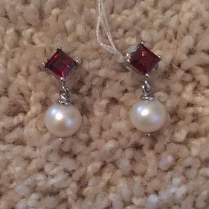 Ross+Simons silver garnet and pearl earrings